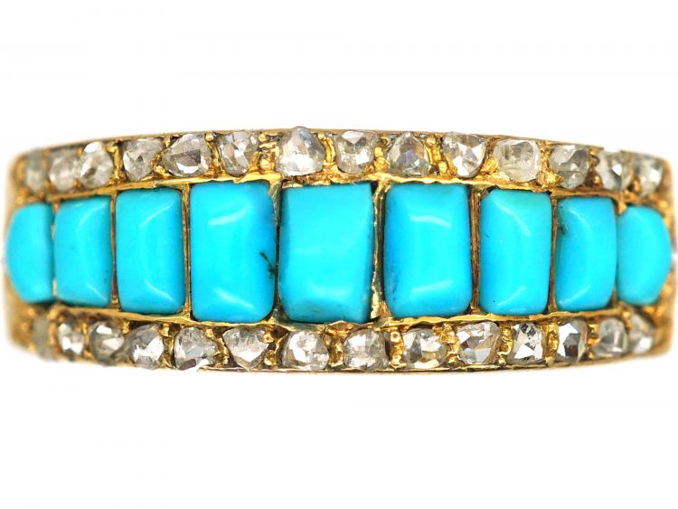 Victorian 15ct Gold Ring set with Nine Turquoise & Rose Diamonds