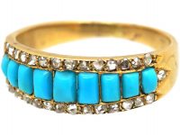 Victorian 15ct Gold Ring set with Nine Turquoise & Rose Diamonds