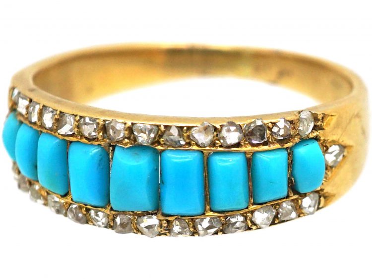Victorian 15ct Gold Ring set with Nine Turquoise & Rose Diamonds