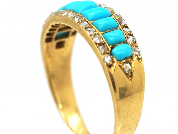 Victorian 15ct Gold Ring set with Nine Turquoise & Rose Diamonds
