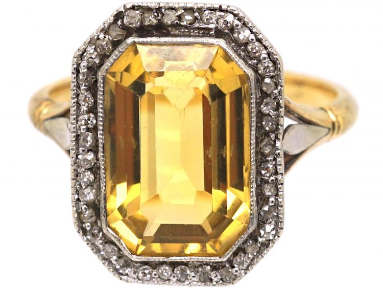 Art Deco 18ct Gold & Platinum, Rectangular Citrine & Diamond Ring