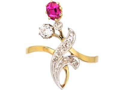Art Nouveau 14ct Gold Flower Ring set with a Ruby & Diamonds