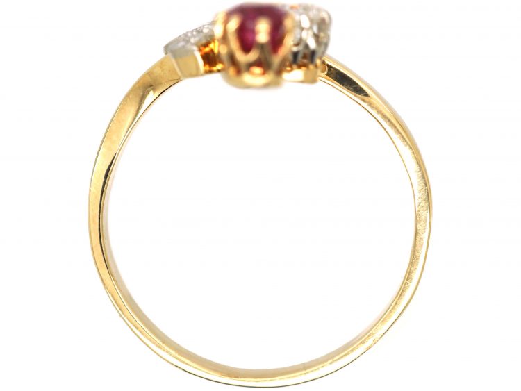 Art Nouveau 14ct Gold Flower Ring set with a Ruby & Diamonds