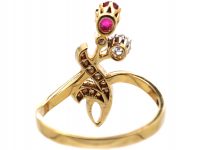 Art Nouveau 14ct Gold Flower Ring set with a Ruby & Diamonds