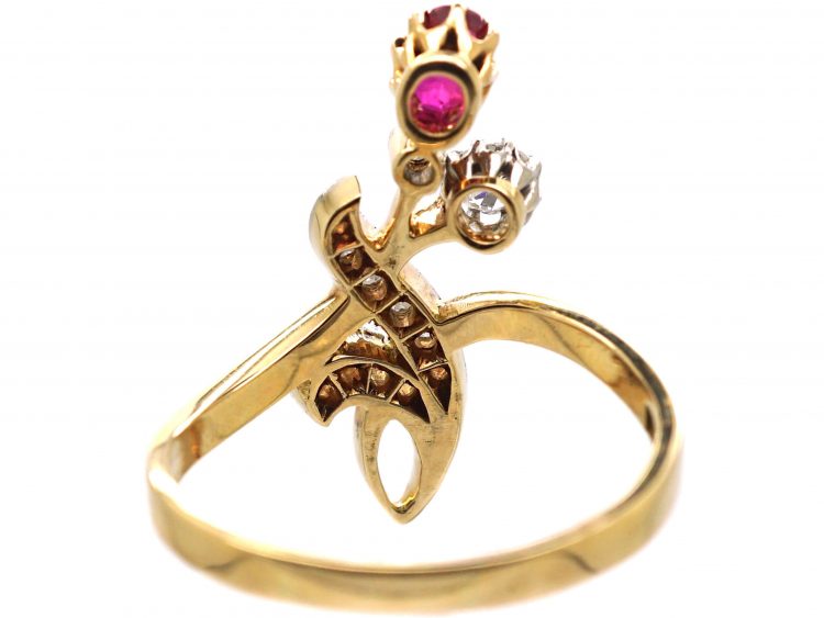 Art Nouveau 14ct Gold Flower Ring set with a Ruby & Diamonds