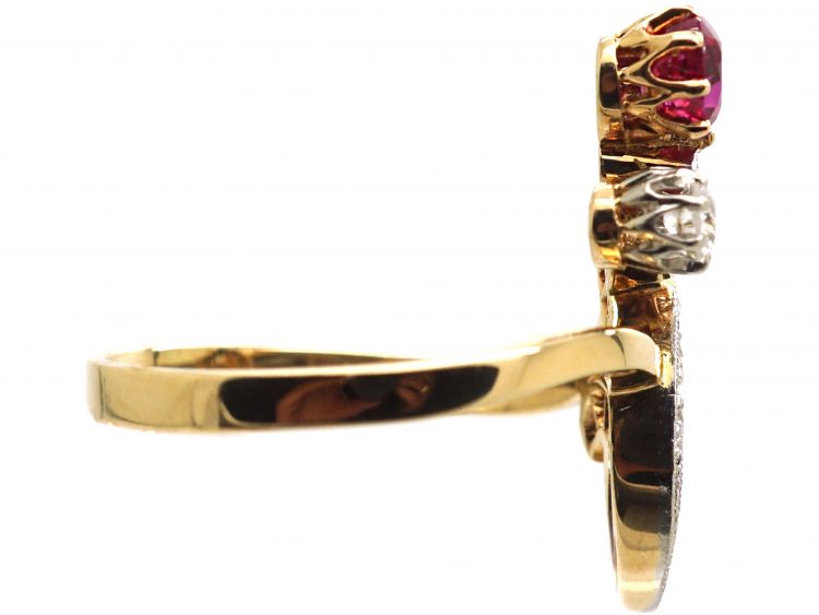 Art Nouveau 14ct Gold Flower Ring set with a Ruby & Diamonds