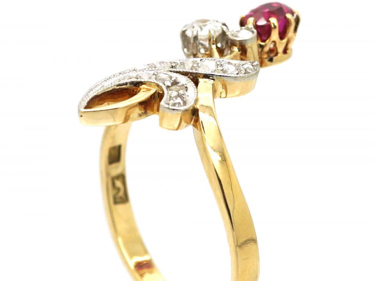 Art Nouveau 14ct Gold Flower Ring set with a Ruby & Diamonds