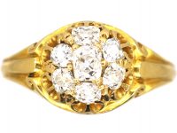 Victorian 18ct Gold Diamond Cluster Ring with Scroll Motifs on the Shoulders