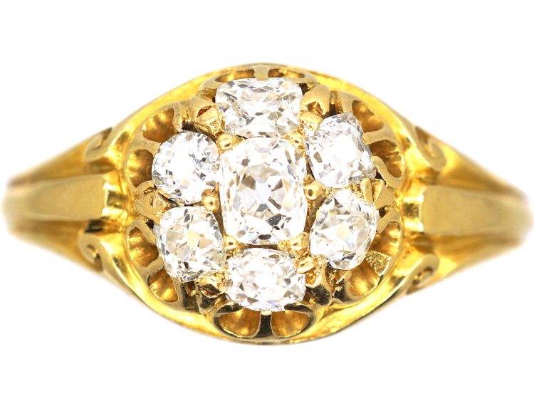 Victorian 18ct Gold Diamond Cluster Ring with Scroll Motifs on the Shoulders