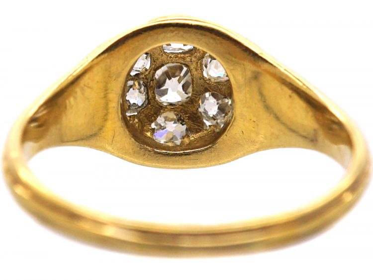 Victorian 18ct Gold Diamond Cluster Ring with Scroll Motifs on the Shoulders