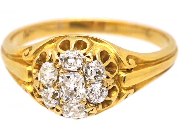 Victorian 18ct Gold Diamond Cluster Ring with Scroll Motifs on the Shoulders