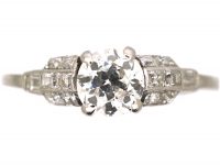 Art Deco Platinum Diamond Solitaire Ring with Square Cut Diamond Shoulders