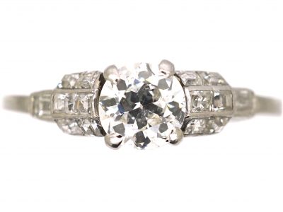 Art Deco Platinum Diamond Solitaire Ring with Square Cut Diamond Shoulders