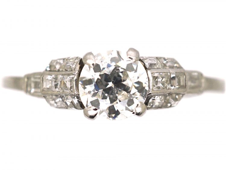 Art Deco Platinum Diamond Solitaire Ring with Square Cut Diamond Shoulders