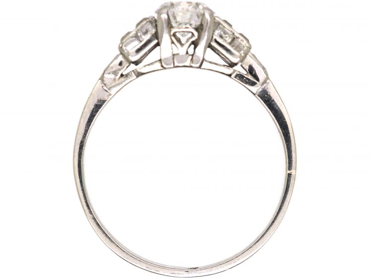 Art Deco Platinum Diamond Solitaire Ring with Square Cut Diamond Shoulders