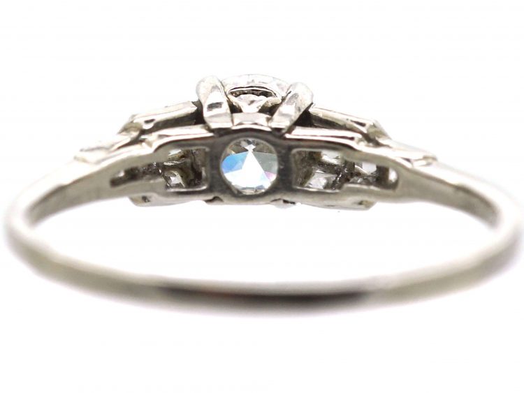 Art Deco Platinum Diamond Solitaire Ring with Square Cut Diamond Shoulders
