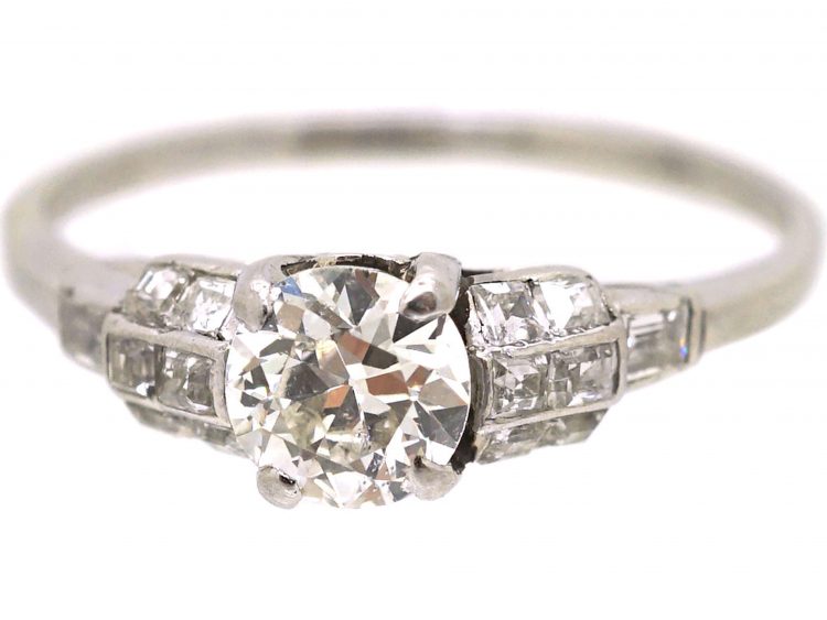 Art Deco Platinum Diamond Solitaire Ring with Square Cut Diamond Shoulders