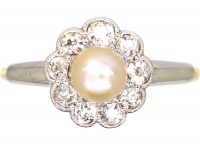 Edwardian 18ct Gold & Platinum Diamond & Natural Pearl Cluster Ring by Deakin & Frances