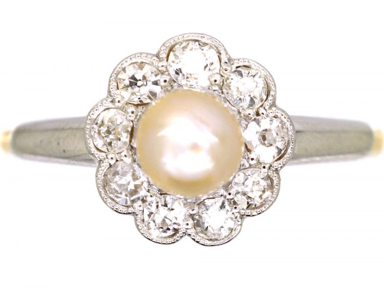 Edwardian 18ct Gold & Platinum Diamond & Natural Pearl Cluster Ring by Deakin & Frances