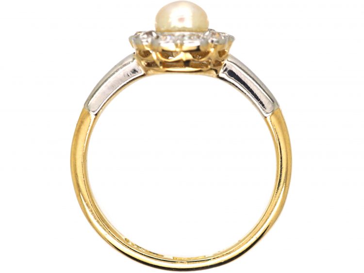 Edwardian 18ct Gold & Platinum Diamond & Natural Pearl Cluster Ring by Deakin & Frances