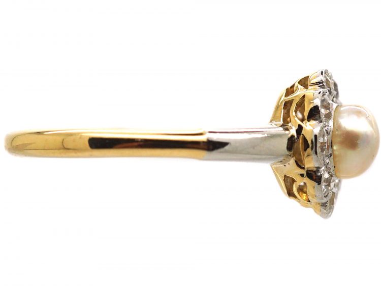 Edwardian 18ct Gold & Platinum Diamond & Natural Pearl Cluster Ring by Deakin & Frances