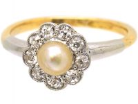 Edwardian 18ct Gold & Platinum Diamond & Natural Pearl Cluster Ring by Deakin & Frances