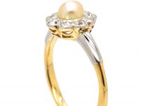 Edwardian 18ct Gold & Platinum Diamond & Natural Pearl Cluster Ring by Deakin & Frances