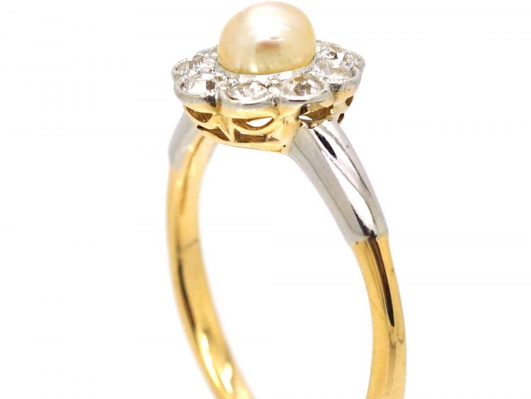 Edwardian 18ct Gold & Platinum Diamond & Natural Pearl Cluster Ring by Deakin & Frances
