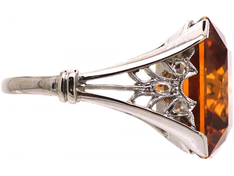 Retro 18ct White Gold Ring set with a Large Madeira Citrine & Rose Diamonds