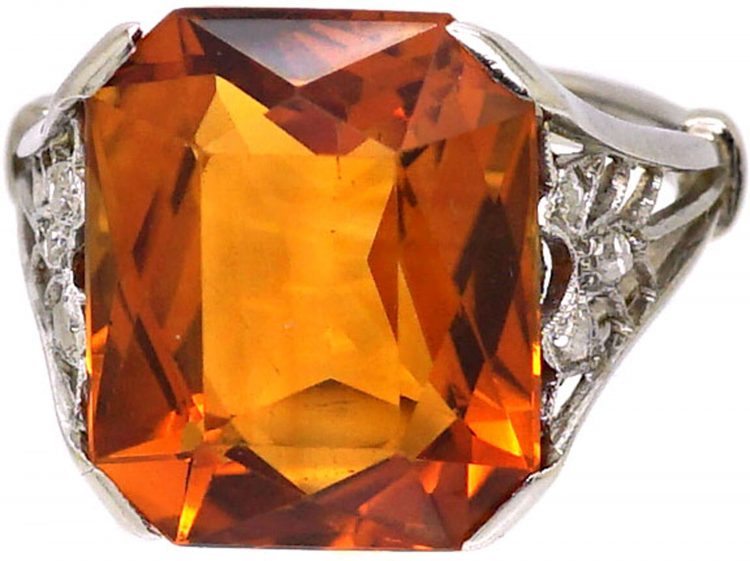 Retro 18ct White Gold Ring set with a Large Madeira Citrine & Rose Diamonds