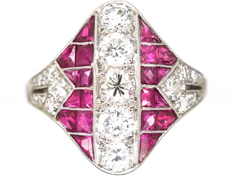 Art Deco Platinum Ruby & Diamond Zig Zag Ring