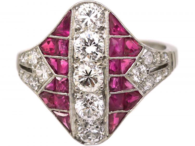 Art Deco Platinum Ruby & Diamond Zig Zag Ring