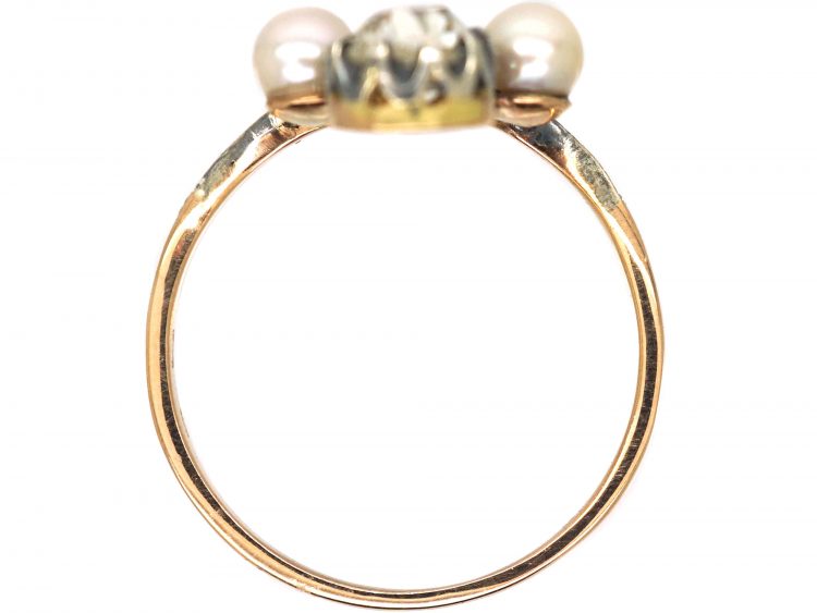 Edwardian 14ct Gold & Silver Tiara Ring set with a Pear Shaped Diamond & Emerald & Two Pearls