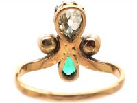 Edwardian 14ct Gold & Silver Tiara Ring set with a Pear Shaped Diamond & Emerald & Two Pearls