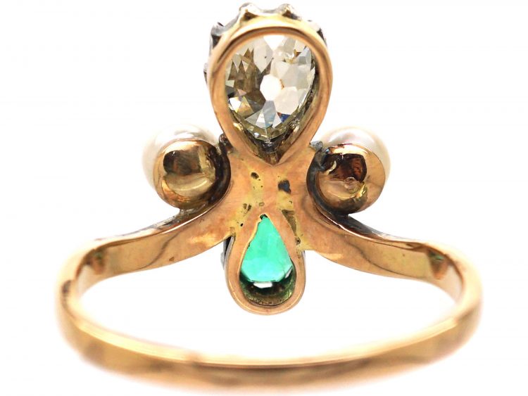 Edwardian 14ct Gold & Silver Tiara Ring set with a Pear Shaped Diamond & Emerald & Two Pearls