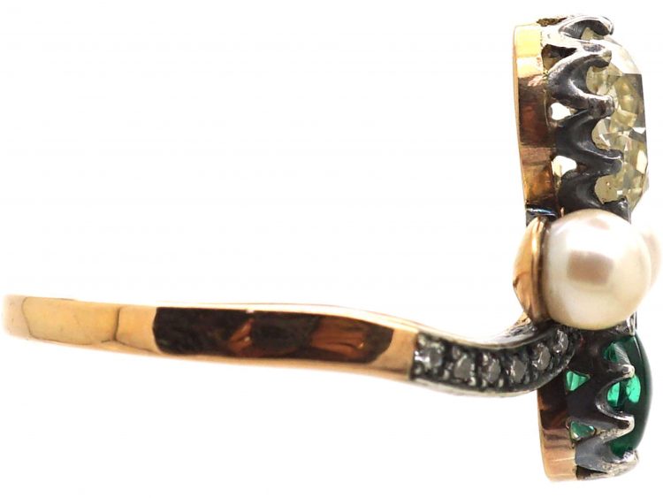 Edwardian 14ct Gold & Silver Tiara Ring set with a Pear Shaped Diamond & Emerald & Two Pearls