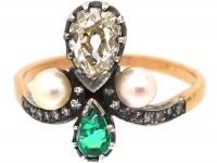 Edwardian 14ct Gold & Silver Tiara Ring set with a Pear Shaped Diamond & Emerald & Two Pearls