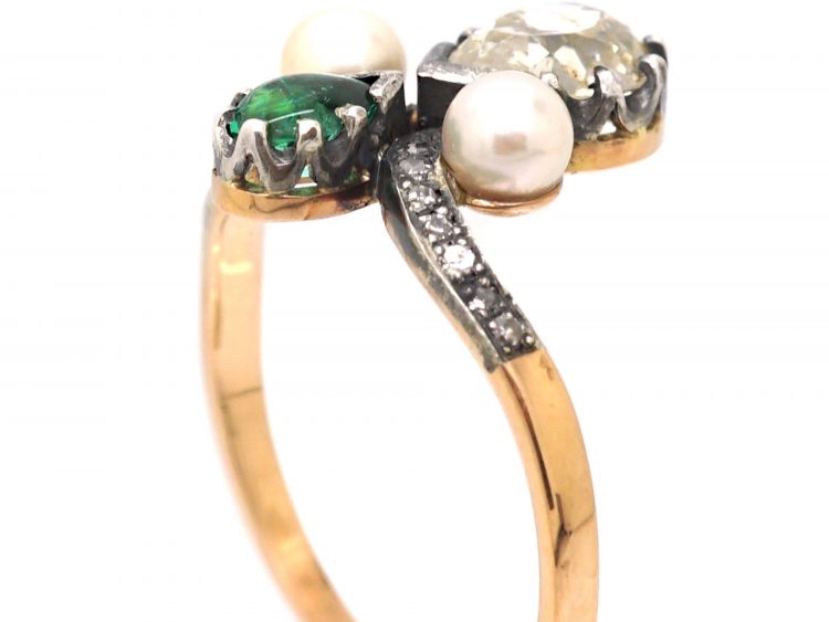 Edwardian 14ct Gold & Silver Tiara Ring set with a Pear Shaped Diamond & Emerald & Two Pearls