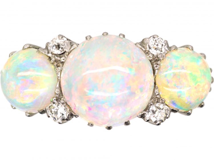 Edwardian 18ct Gold Three Stone Opal & Diamond Ring