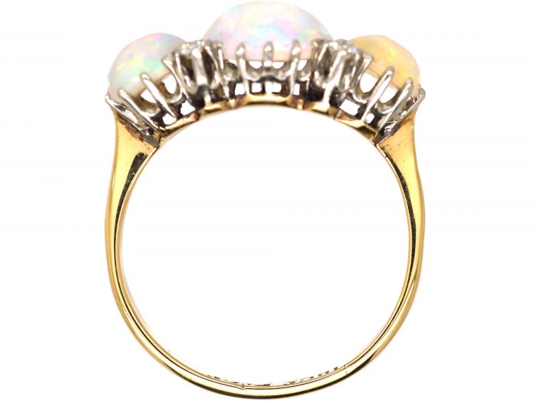 Edwardian 18ct Gold Three Stone Opal & Diamond Ring