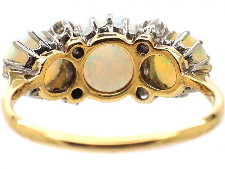 Edwardian 18ct Gold Three Stone Opal & Diamond Ring