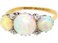 Edwardian 18ct Gold Three Stone Opal & Diamond Ring