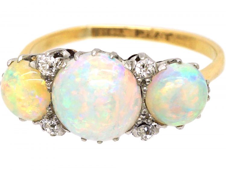 Edwardian 18ct Gold Three Stone Opal & Diamond Ring