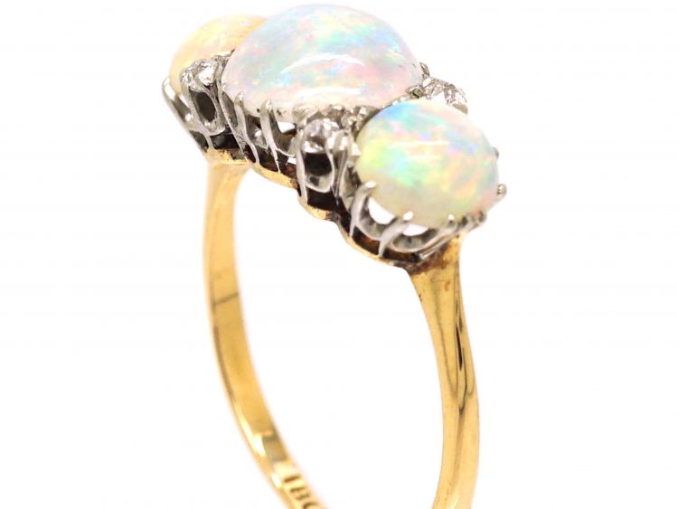 Edwardian 18ct Gold Three Stone Opal & Diamond Ring