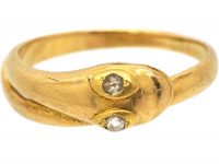 Edwardian 18ct Gold Snake Ring with Rose Diamond Eyes
