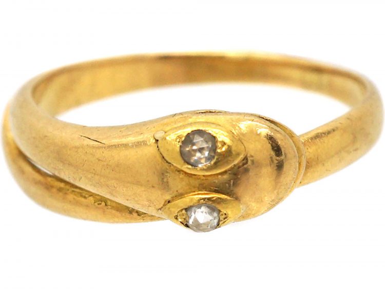 Edwardian 18ct Gold Snake Ring with Rose Diamond Eyes