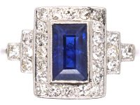 Art Deco 18ct White Gold & Platinum, Sapphire & Diamond Rectangular Ring