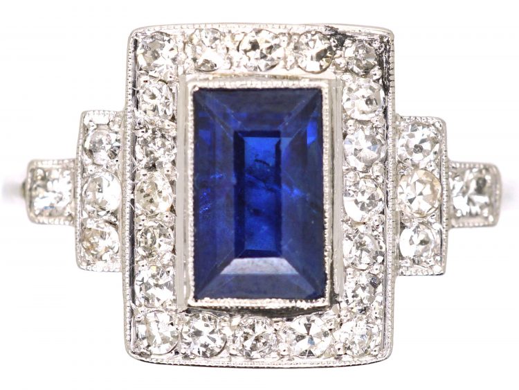 Art Deco 18ct White Gold & Platinum, Sapphire & Diamond Rectangular Ring