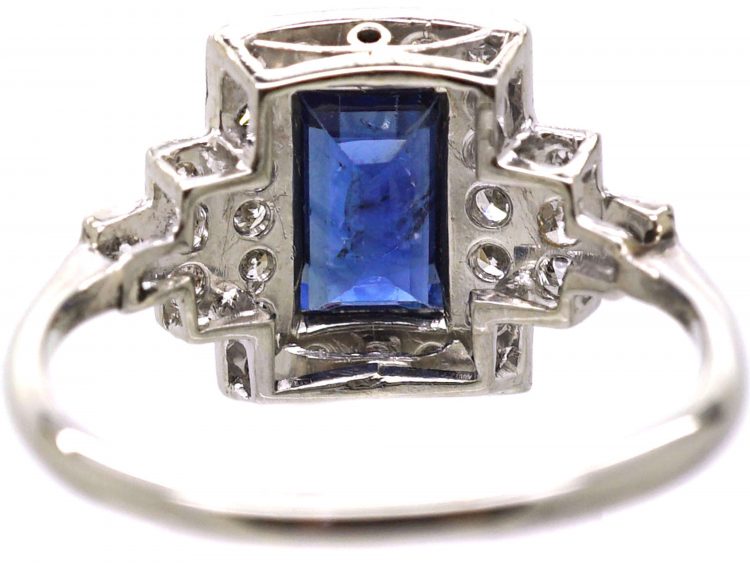 Art Deco 18ct White Gold & Platinum, Sapphire & Diamond Rectangular Ring