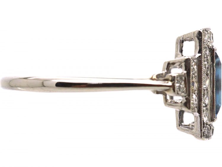 Art Deco 18ct White Gold & Platinum, Sapphire & Diamond Rectangular Ring